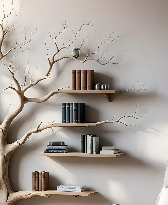 Vintage Wood Wall Shelf – Decorative Branch Bookcase