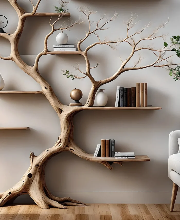 Solid Wood Branch Bookshelf – Bedroom Wall Shelf