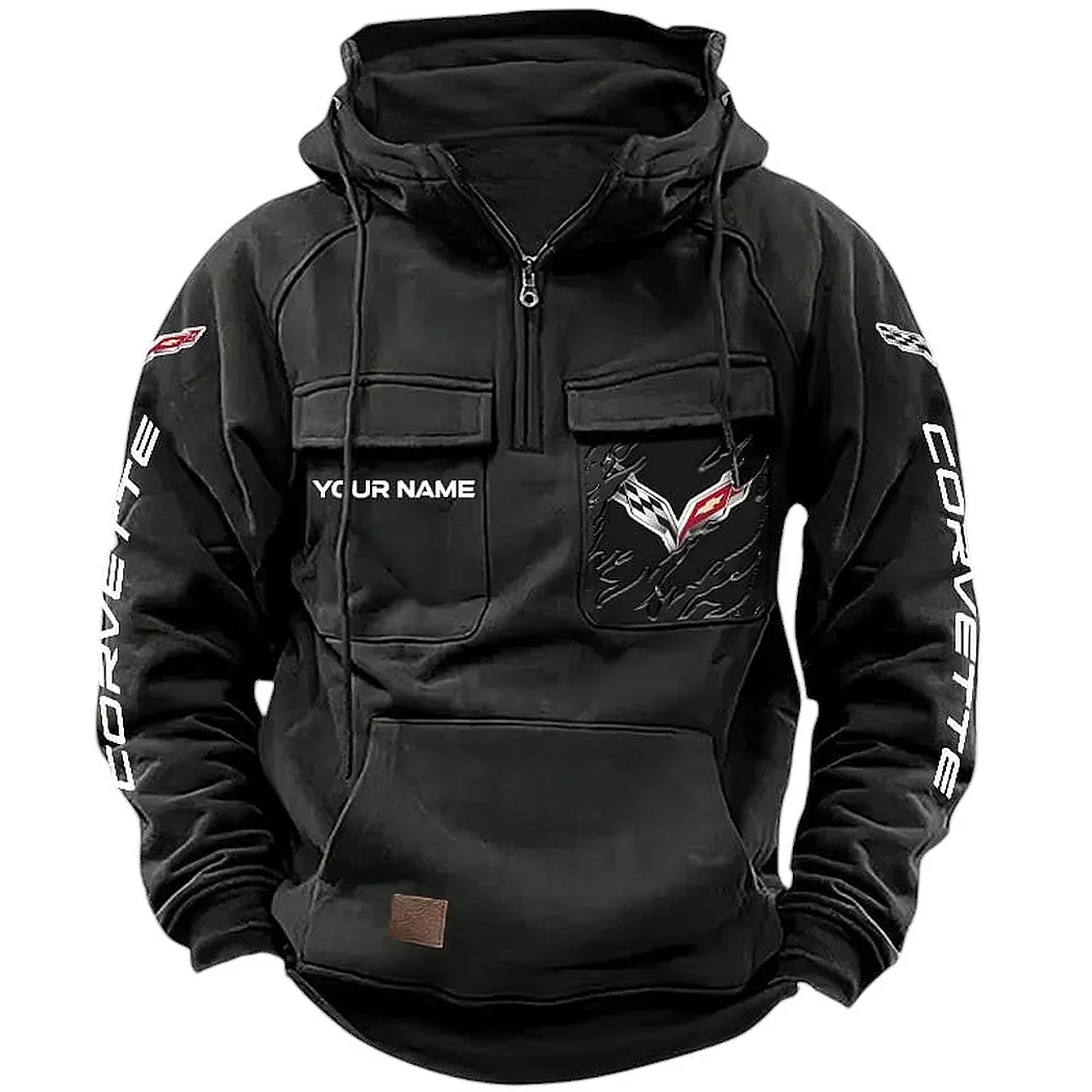 Vintage Muscle Icon Tactical Quarter-Zip Hoodie, Motorcycle Spirit Hoodie CAR164 - Black