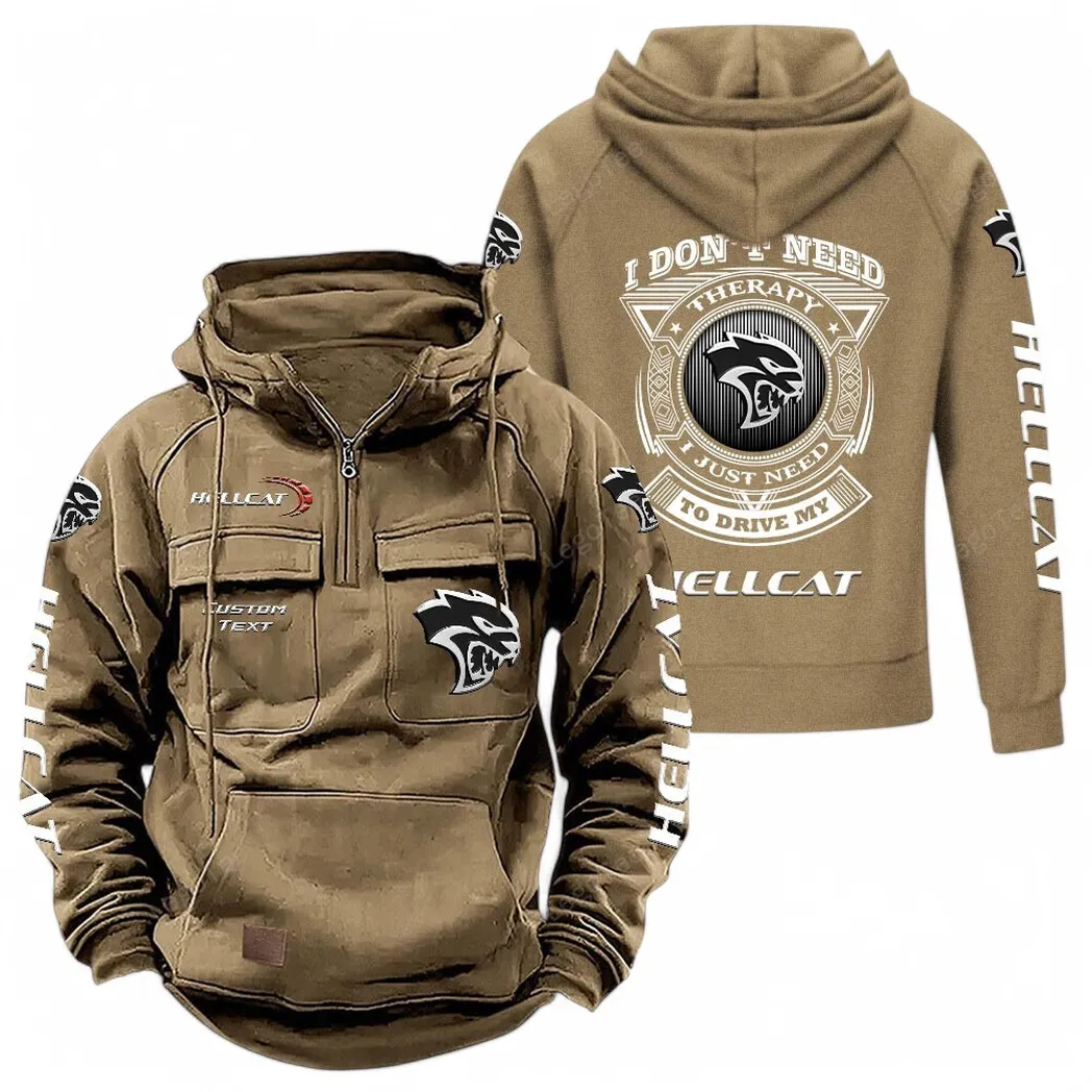 Drag Racing Muscle Vehicle Tactical Quarter-Zip Hoodie, Biker Lifestyle Hoodie CAR106 - Khaki