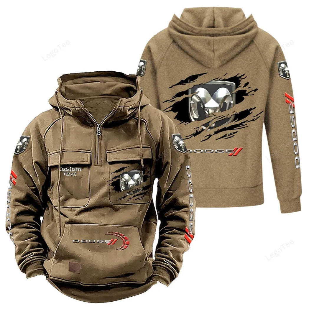 Retro Car Tactical Quarter-Zip Hoodie, Utility Hoodie for Drivers CAR122 - Khaki